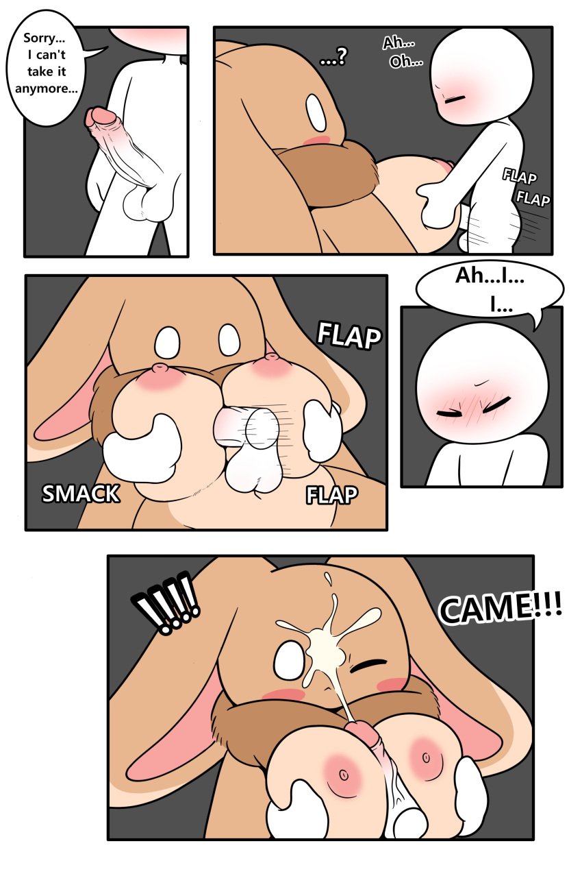 absurd_res anthro balls big_breasts big_penis blush bodily_fluids breast_grab breast_play breasts comic cum cum_on_face disembodied_penis duo female genital_fluids genitals hi_res huge_breasts human lagomorph leporid male male/female mammal monster_bunny_(character) paizuri penis rabbit sex tonytoran