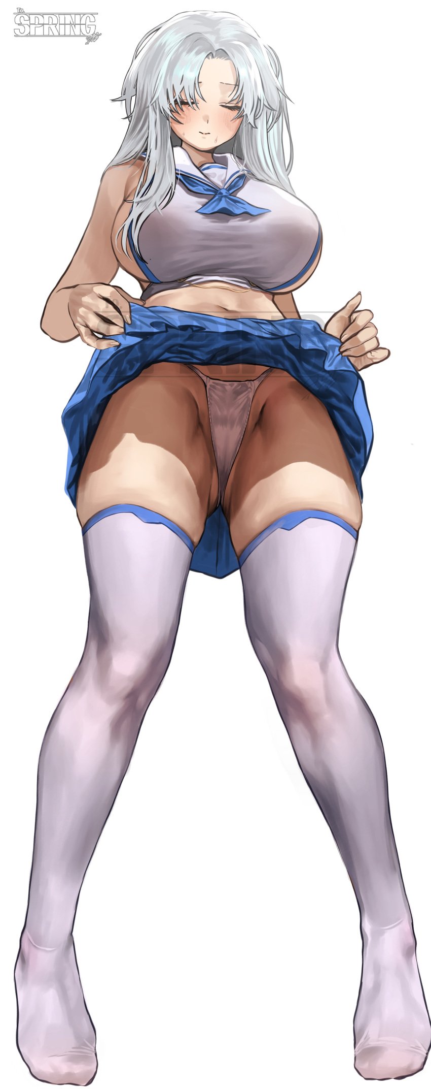 absurdres angela_(lobotomy_corporation) blue_neckerchief blue_skirt blush breasts chroong_(artist) closed_eyes closed_mouth clothes_lift facing_viewer female full_body grey_hair highres large_breasts lifted_by_self lobotomy_corporation long_hair neckerchief panties pleated_skirt project_moon sailor_collar shirt simple_background skirt skirt_lift sleeveless sleeveless_shirt solo standing sweat thighhighs underwear watermark white_background white_panties white_sailor_collar white_thighhighs