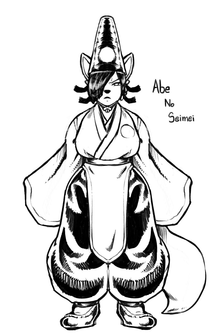 abe_no_seimei_(nda) absurd_res ambiguous_gender annoyed_expression anthro asian_clothing baggy_clothing baggy_pants canid canine canis clothing digitigrade east_asian_clothing eye_half_closed eyebrow_furrowed footwear fox hair hair_over_eye hat headgear headwear hi_res hybrid japanese_clothing kimono long_sleeves loose_sleeves mammal noahdoesart one_eye_obstructed serious serious_face shoes wolf wolf_tail