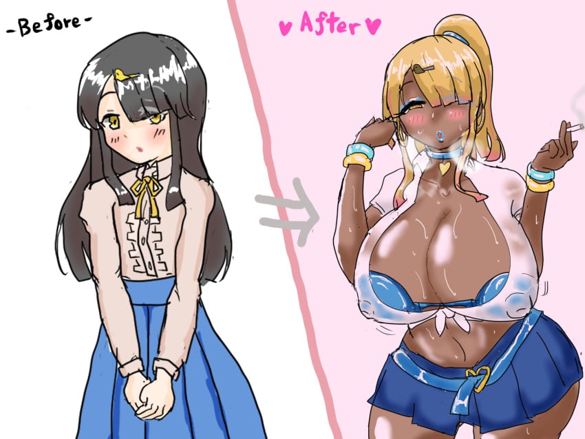 ass_expansion before_and_after bimbo bimbofication blackification blackwashed breast_expansion covered_nipples dark-skinned_female ebonization eye_color_change female ganguro gyaru hair_color_change hair_growth high_heels huge_ass huge_breasts izumi_(artist) japanese_text left-to-right_manga lip_expansion navel nipples race_swap skin_color_change text thick_lips thick_thighs thigh_expansion transformation translation_request wide_hips