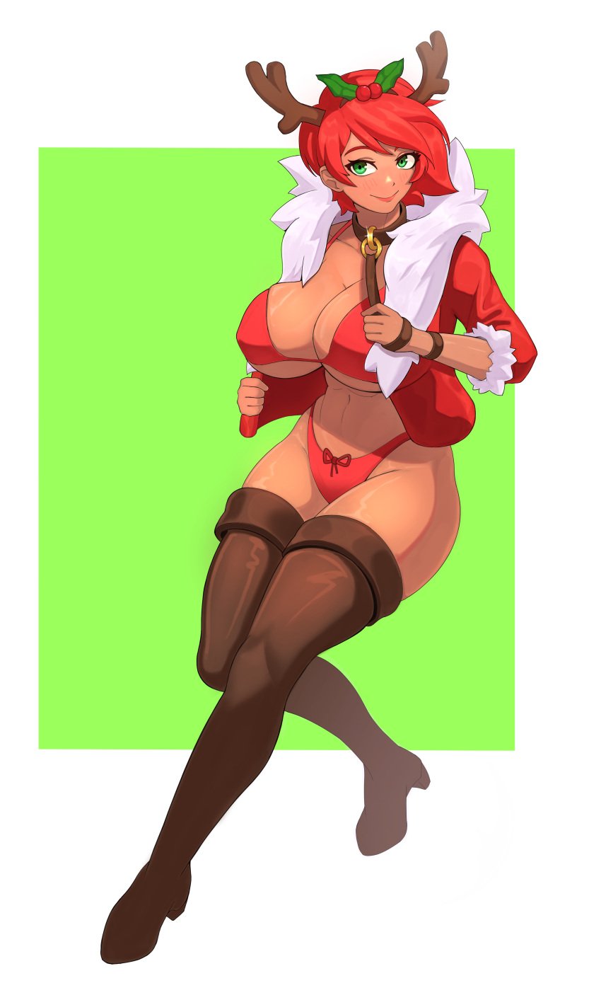 1girls abs antlers bikini blush boots breasts christmas collar dark-skinned_female dark_skin green_eyes hair_between_eyes huge_breasts jacket kamishiroart leash leash_pull looking_at_viewer lyra(itsnafulol) mistletoe panties red_bikini red_hair red_panties reindeer_antlers short_hair smile swimsuit thick_thighs thigh_boots thighhighs thighs tomboy underwear wide_hips