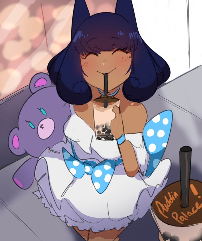 2boys adorable bangs blush boba_tea cat_ears catboy choker cute dark_hair dark_skin date dress femboy feminine_male gay girly happy jewelry jpeg lightsource mole murasaki_(lightsource) original ribbon sidewalk smiling stuffed_animal tan_skin teddy_bear wholesome wristband