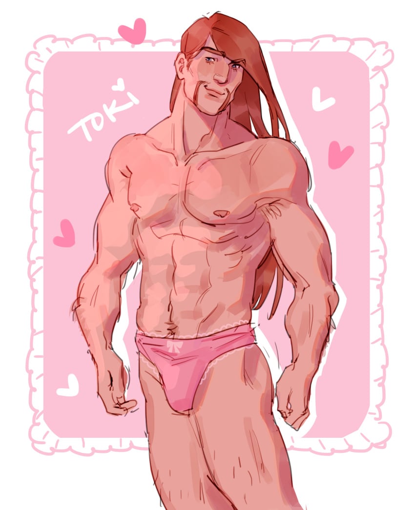 1boy 2d abs blue_eyes buff character_name color cute facial_hair hairy_legs heart human light-skinned_male light_skin long_hair_male male male_nipples male_only metalocalypse miroyuuu muscles muscular_male mustache no_visible_genitalia orange_hair panties panty_bulge partially_clothed pecs penis_bulge pink_panties simple_background smile solo text toki_wartooth white_background