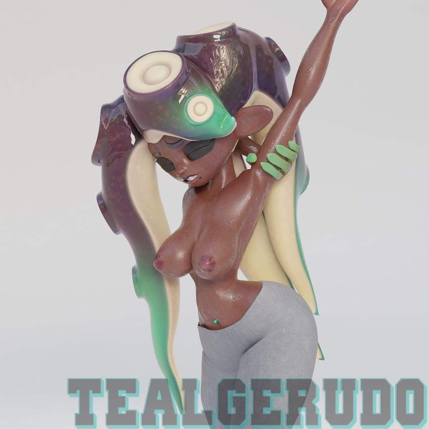 1girls 3d 3d_(artwork) big_breasts blender blender_(software) blender_cycles breasts dark-skinned_female dark_skin female hi_res highres leggings marina_(splatoon) marina_(wo262) nintendo no_bra self_upload solo splatoon stretching sweating tealgerudo topless topless_female watermark white_background