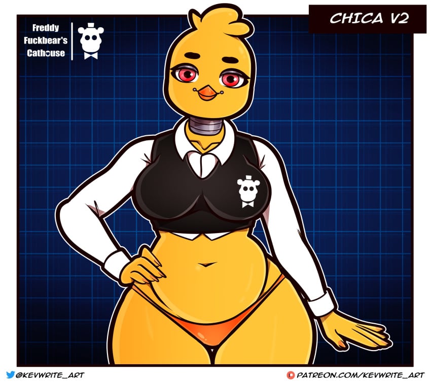 absurd_res animatronic anthro avian beak bird blonde_hair chica_(fnaf) chicken clothing female five_nights_at_freddy's freddy_fuckbear's_cathouse_(kevwrite) galliform gallus_(genus) hair hi_res kevwrite machine overweight panties phasianid pink_eyes pinup pose robot scottgames simple_background slightly_chubby solo underwear uniform waitress_uniform yellow_body