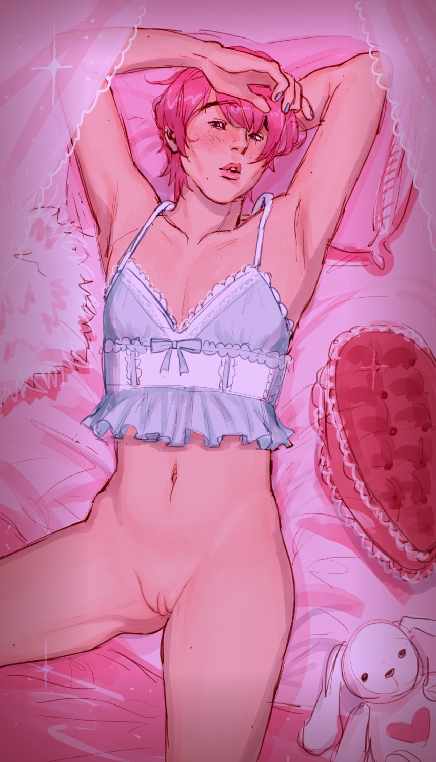 1cuntboy bralette cuntboy intersex lingerie lingerie_only miroyuuu original original_character pink_hair pussy shirt_only solo solo_focus tagme