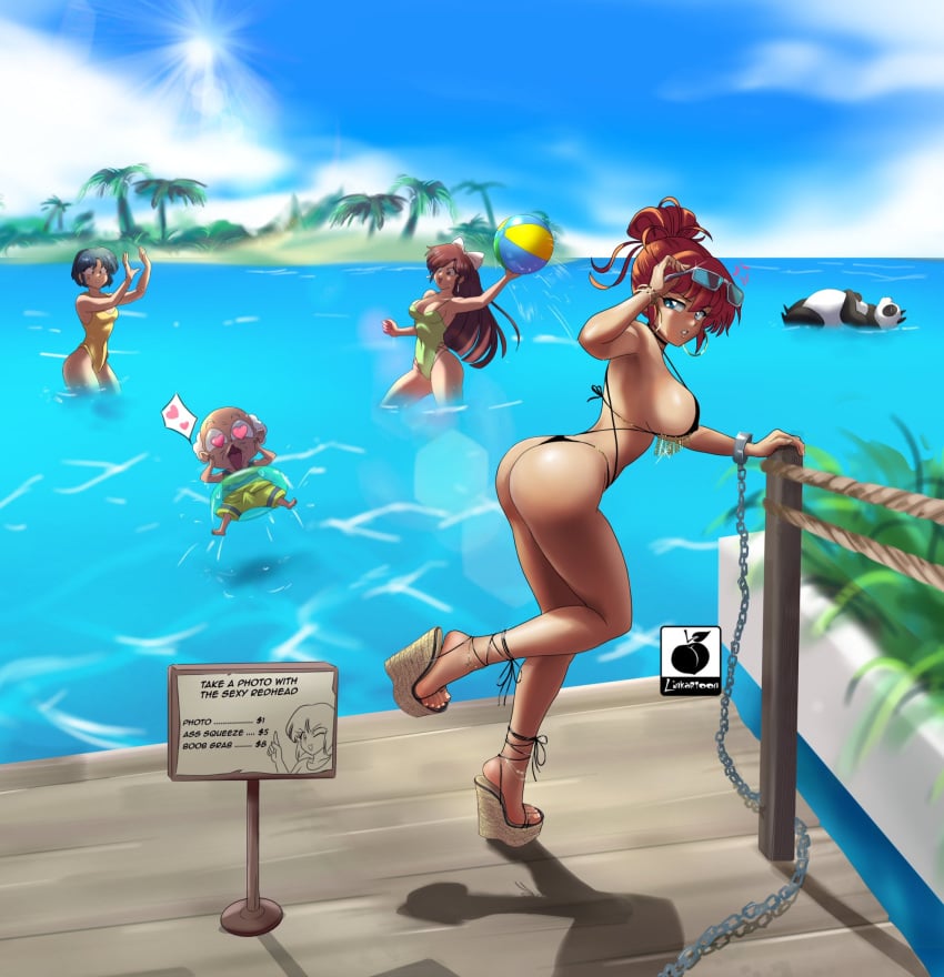 3girls akane_tendo artist_logo beach big_ass bikini black_bikini blue_eyes bright_sun chained earrings english_text erection female female_focus genma_saotome hair_bun handcuffed happosai heart-shaped_pupils heart_eyes high_heels hoop_earrings irritated island linkartoon male multiple_girls nabiki_tendo price ranma-chan ranma_1/2 ranma_saotome red_hair sign sunglasses_on_head tagme text ukyo_kuonji very_high_heels volleyball wedge_heels