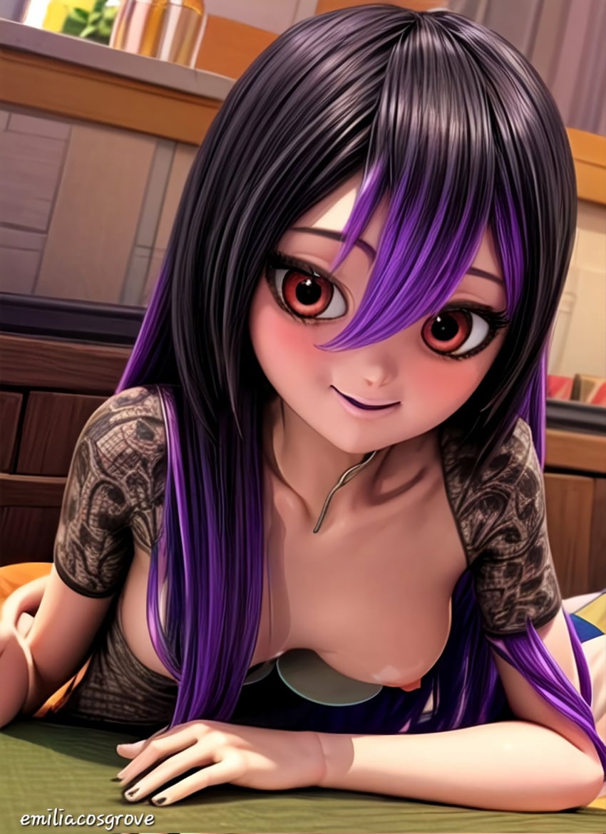 1girls ai_generated black_hair blush breasts emilia_cosgrove juleka_couffaine laying_down laying_on_stomach looking_at_viewer miraculous_ladybug nipples solo solo_female solo_focus