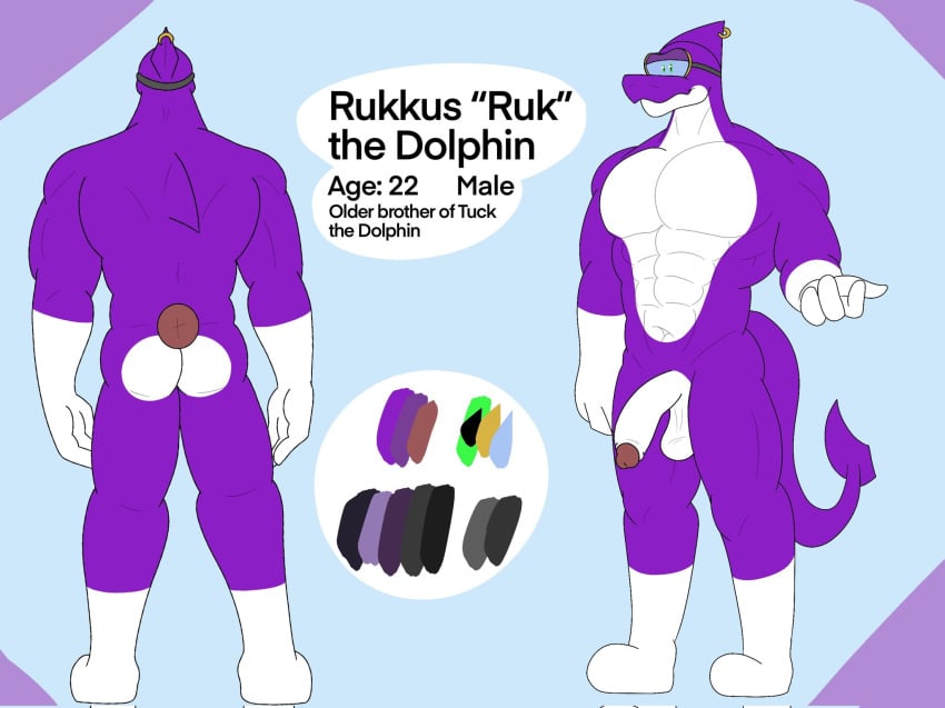 1boy 2023 4_fingers abs alternate_version_at_source anthro ass balls ballsack bara beefy color_swatch dangling_testicles dolphin_(mario) dorsal_fin english_text eyewear fin fin_piercing fingers foreskin foreskin_folds front_view furgonomics furry-specific_piercing gay genitals goggles hi_res humanoid_genitalia humanoid_penis intact kelsdungeon low_hanging_balls male male_only mario_(series) model_sheet muscles muscular_male navel nintendo nude_male pecs penis piercing purple_body purple_skin rear_view retracted_foreskin rukkus_(ropingreno) scrotum semi-erect smooth_penis solo standing super_mario_world tail testicles text two_tone_skin uncut wearing_goggles white_balls white_body white_penis white_skin