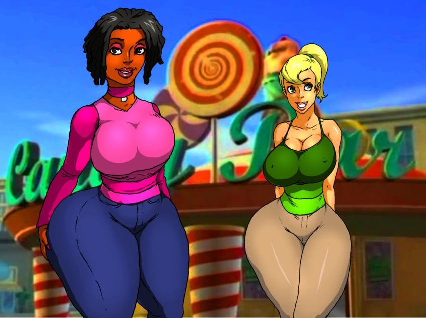 2014 2girls 5ifty aged_up big_ass big_breasts big_butt black_hair blonde_hair breasts brown_eyes bubble_ass bubble_butt chocolate_and_vanilla cindy_vortex cleavage clothing dark-skinned_female dark_skin deviantart_link fair-skinned_female female female_only friends green_eyes green_shirt green_tank_top jay-marvel jimmy_neutron_boy_genius khakis libby_folfax lipstick nickelodeon nipples nipples_visible_through_clothing old_art pink_shirt screencap_background smile smiling teeth thick_thighs wide_hips