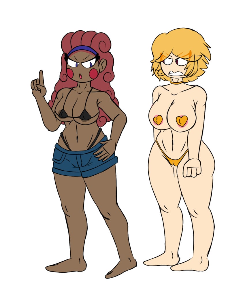 2girls angry angry_expression angry_face ann_chica_(fnafhs) artist_request bikini bikini_top blonde_hair blue_eyes breasts chica_(fnafhs) dark-skinned_female female_only fhs fhsz3r0 fnafhs fnafhs_z3ro fnafhsrule34 medium_breasts multiple_girls purple_eyes red_hair short_hair standing tagme thick_thighs thighs toddy_(fnafhs)