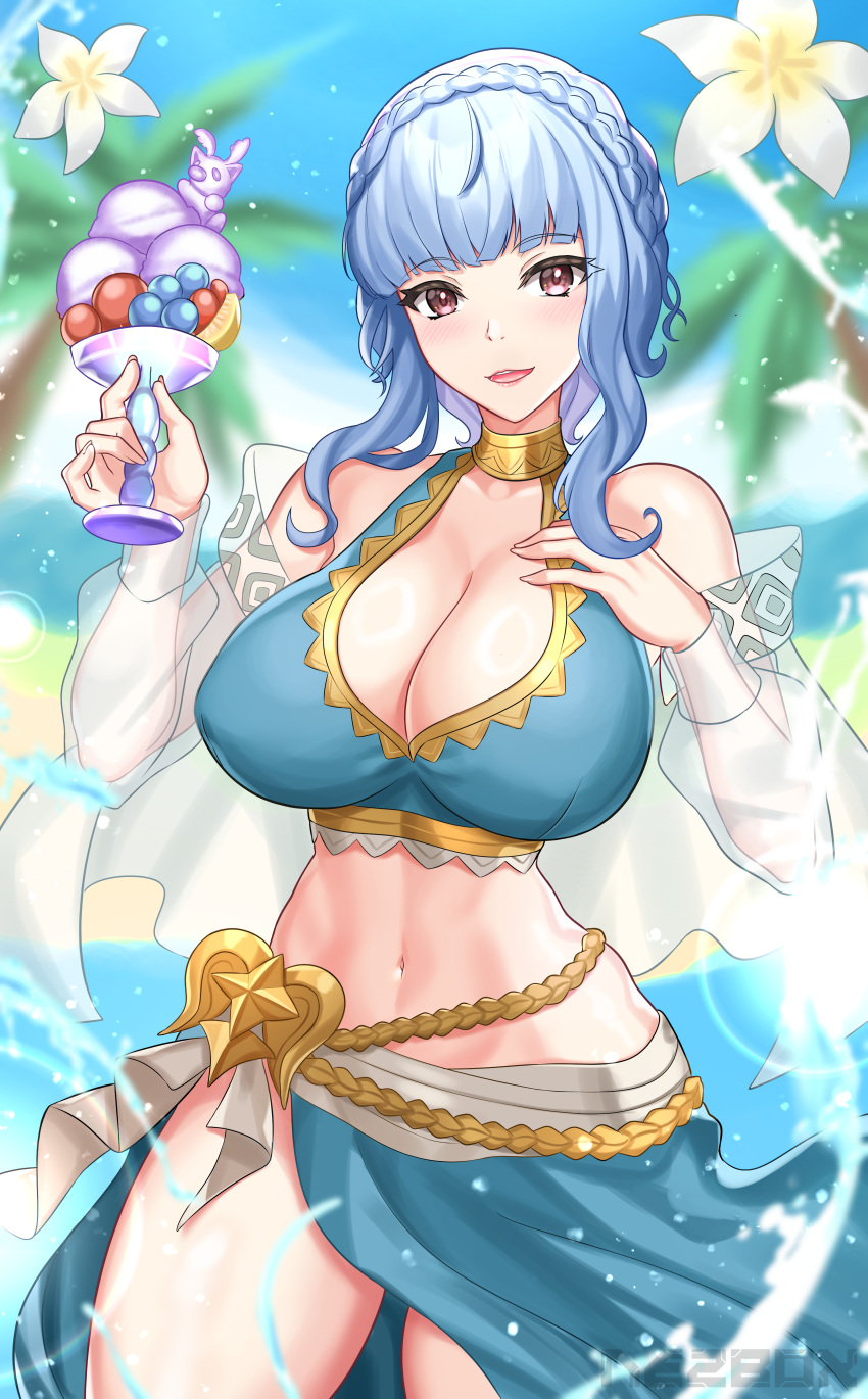 1girls :d absurdres bare_shoulders bikini blue_bikini blue_hair blue_sky blue_swimsuit blurry blurry_background braid breasts commentary_request cowboy_shot crown_braid day female female female_only fire_emblem fire_emblem:_three_houses fire_emblem_heroes highres large_breasts looking_at_viewer marianne_von_edmund marianne_von_edmund_(summer) medium_hair navel nez-box nintendo official_alternate_costume open_mouth outdoors purple_eyes sarong sky smile solo standing stomach swimsuit thighs