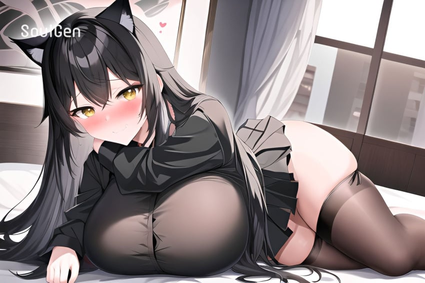 ai_generated ass big_breasts cat_ears clear_skin cute_face lying miniskirt red_eyes shirt tights