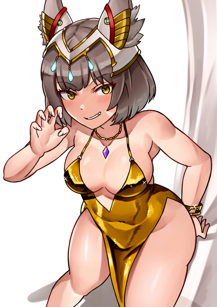 1girls breasts cat_ears catgirl core_crystal female female_only grey_hair looking_at_viewer medium_breasts nia nia_(xenoblade) nintendo oniisan02b shiny_clothes short_hair solo thick_thighs thighs xenoblade_(series) xenoblade_chronicles_2 yellow_eyes yotsuhauni