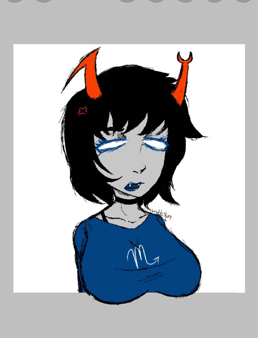 1girls angry angry_expression angry_face aranea_serket big_breasts breasts breasts_focus breasts_out breasts_out_of_frame bruhkitkat colored coming_out_of_screen female female_focus female_only homestuck horns ibispaint ibispaintx ms_paint_adventures sharp_teeth sketch troll uncomfortable uncomfortable_pose