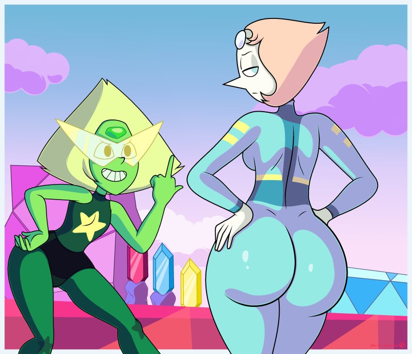 2girls alien_girl ass breasts cartoon_network female female_only gem_(species) pearl_(steven_universe) peridot_(steven_universe) pills-in-a-little-cup smiling steven_universe tagme