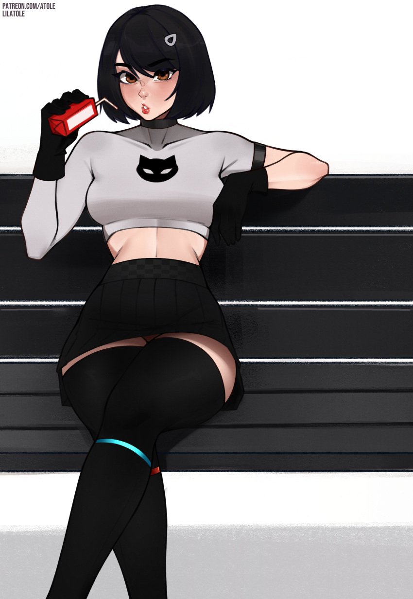 alternate_version_available blush choker evie_(fortnite) exposed_torso fortnite gloves juice_box legs_crossed lilatole looking_at_viewer panties patreon_username skirt thick_thighs thighhighs under_skirt