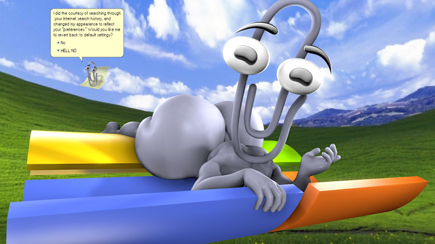 3d 3d_(artwork) 5_fingers aidenz big_ass big_butt bliss_(image) blue_sky bottom_heavy clippy cloud creature day daytime english_text facing_viewer grass grey_body grey_skin lying meadow microsoft microsoft_office microsoft_windows office_assistant on_stomach outdoors paper_clip paperclip photo_background sky speech_bubble tagme text uncle_aiden windows_logo windows_xp