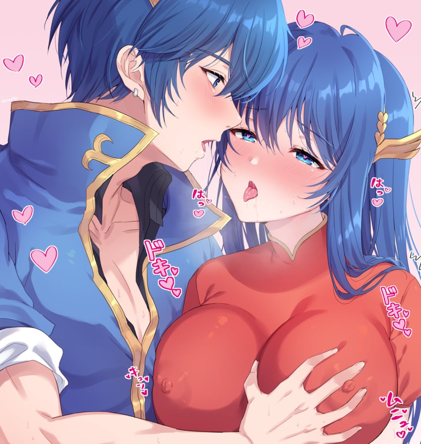 1boy 1girls after_kiss awayuki_ramika blue_eyes blue_hair blush breast_grab breasts caeda_(beloved_queen)_(fire_emblem) caeda_(fire_emblem) covered_areola covered_nipples drooling ear_piercing female fire_emblem fire_emblem:_mystery_of_the_emblem fire_emblem:_shadow_dragon_and_the_blade_of_light fire_emblem_heroes groping hair_ornament heart heart-shaped_pupils japanese_text kissing large_breasts long_hair looking_at_another male marth_(fire_emblem) muscular muscular_male naughty_face nintendo open_mouth piercing saliva saliva_string saliva_trail shirt short_hair short_sleeves sound_effects sweat text