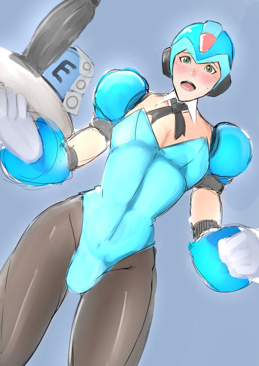 1boy android blush bulge bunnysuit condom dildo green_eyes helmet male male_only mega_man mega_man_x mega_man_x_dive robot sex_toy solo tk x_(mega_man)