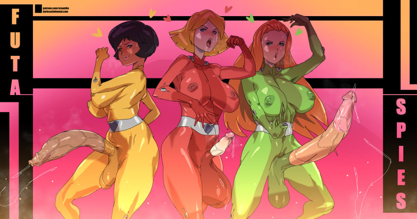 3futas alex_(totally_spies) areolae balls big_balls_small_penis black_hair blonde_hair bodysuit breasts brown_hair clothed clothing clover_(totally_spies) cock_size_difference cum dark-skinned_futanari dark_skin eraanthe erect_nipples erection futa_only futanari gigantic_penis heart huge_balls huge_cock huge_penis human hyper hyper_penis large_breasts light-skinned_futanari light_skin long_hair monster_cock mostly_clothed nipples open_mouth oversized_balls penis penis_size_difference sam_(totally_spies) shiny_bodysuit shiny_clothes short_hair skintight skintight_bodysuit small_cock small_penis small_penis_humiliation smaller_penis standing testicles tight_bodysuit tight_clothes tight_clothing tight_fit tiny_penis totally_spies uncensored