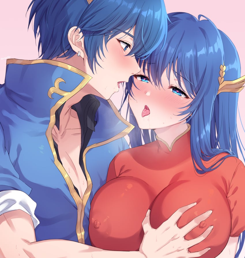 1boy 1girls after_kiss awayuki_ramika blue_eyes blue_hair blush breast_grab breasts caeda_(beloved_queen)_(fire_emblem) caeda_(fire_emblem) covered_areola covered_nipples drooling ear_piercing female fire_emblem fire_emblem:_mystery_of_the_emblem fire_emblem:_shadow_dragon_and_the_blade_of_light fire_emblem_heroes groping hair_ornament heart-shaped_pupils kissing large_breasts long_hair looking_at_another male marth_(fire_emblem) muscular muscular_male naughty_face nintendo open_mouth piercing saliva saliva_string saliva_trail shirt short_hair short_sleeves sweat