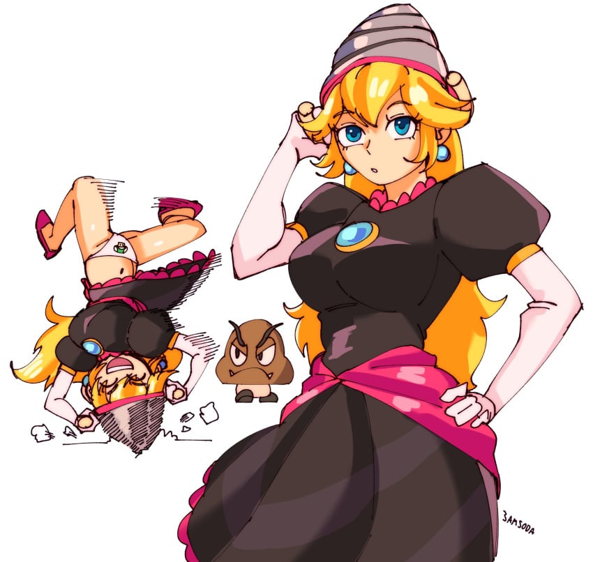 3amsoda artist_name blonde_hair blue_eyes breasts dress drill drill_peach drill_power-up earrings fangs gloves goomba headgear high_heels mario_(series) motion panties power-up princess_peach smile super_mario_bros._wonder tagme upside-down wide_hips