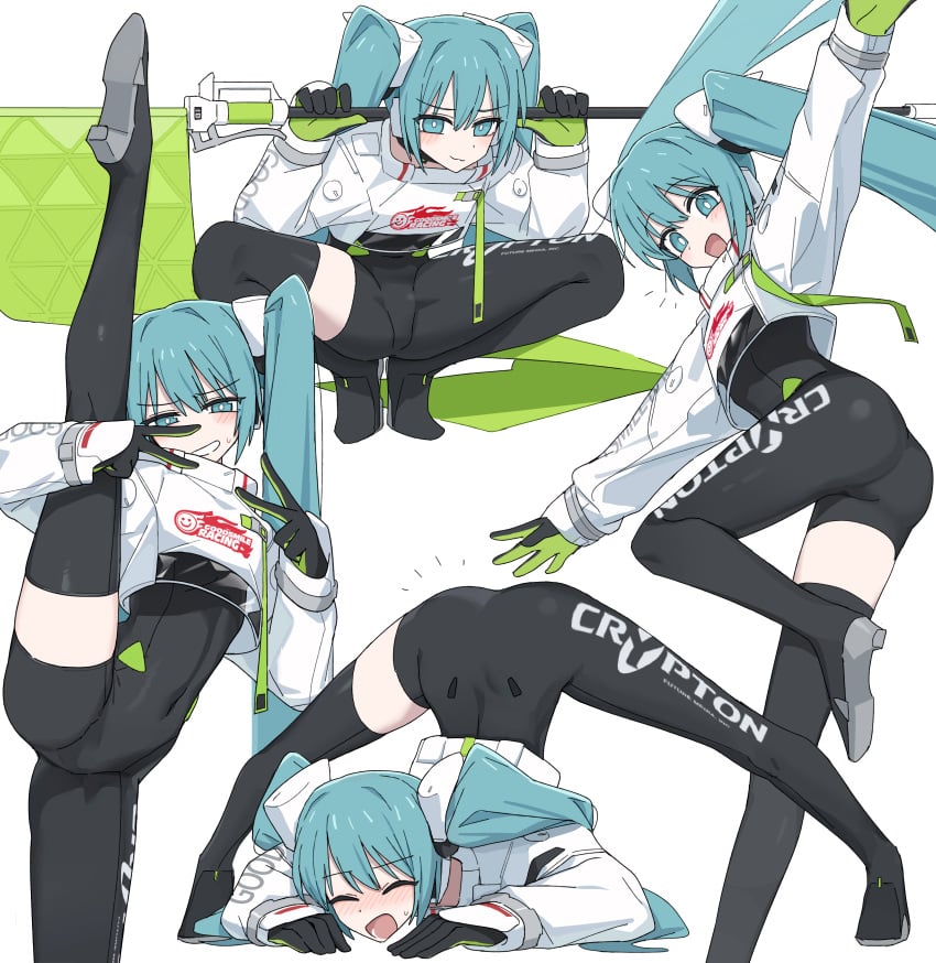 1girls :3 aqua_eyes aqua_hair ass asymmetrical_legwear black_body black_legwear blush bodysuit caststation closed_eyes clothed female female_only fit_female flag flexible gloves half-closed_eyes happy hatsune_miku heels jack-o_pose legs legwear light-skinned_female long_hair long_legs looking_at_viewer multiple_views navel_visible_through_clothes non-nude one_leg_bent open_smile peace_sign racing_miku shoes smile solo splits spread_legs squatting stockings sweatdrop thighhighs twintails v v_sign vertical_splits vocaloid