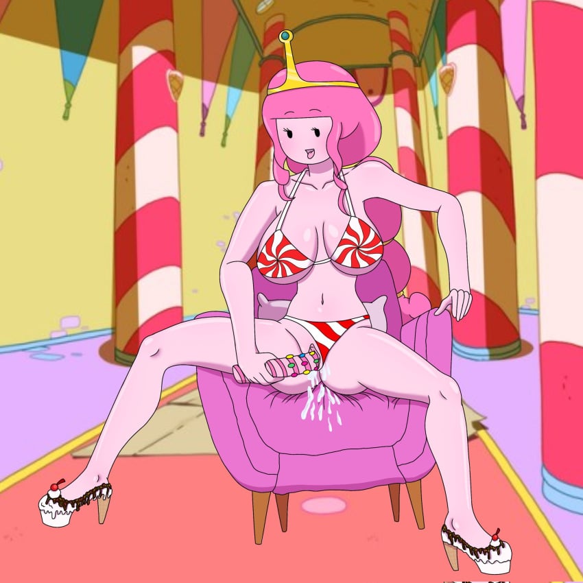 adventure_time bikini cartoon_network crown female_masturbation female_only heels high_heels iquestx_commissions leon_paz leon_pazchowder masturbation pink_hair pink_skin princess_bubblegum pussy_juice_drip tongue_out