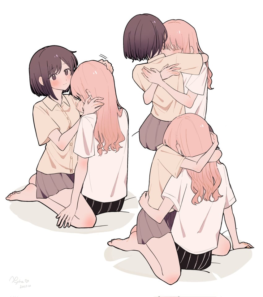 1other akiyama_mizuki brown_hair comforting female fluff hug kyline no_sex pink_hair project_sekai shinonome_ena sitting_on_lap