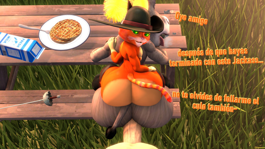 aidenz big_ass big_butt big_penis cat cats donkey donkey_(shrek) dreamworks femboy gay human penis puss puss_in_boots_(dreamworks) puss_in_boots_(film) puss_in_boots_the_last_wish shrek_(series) spanish_text tagme