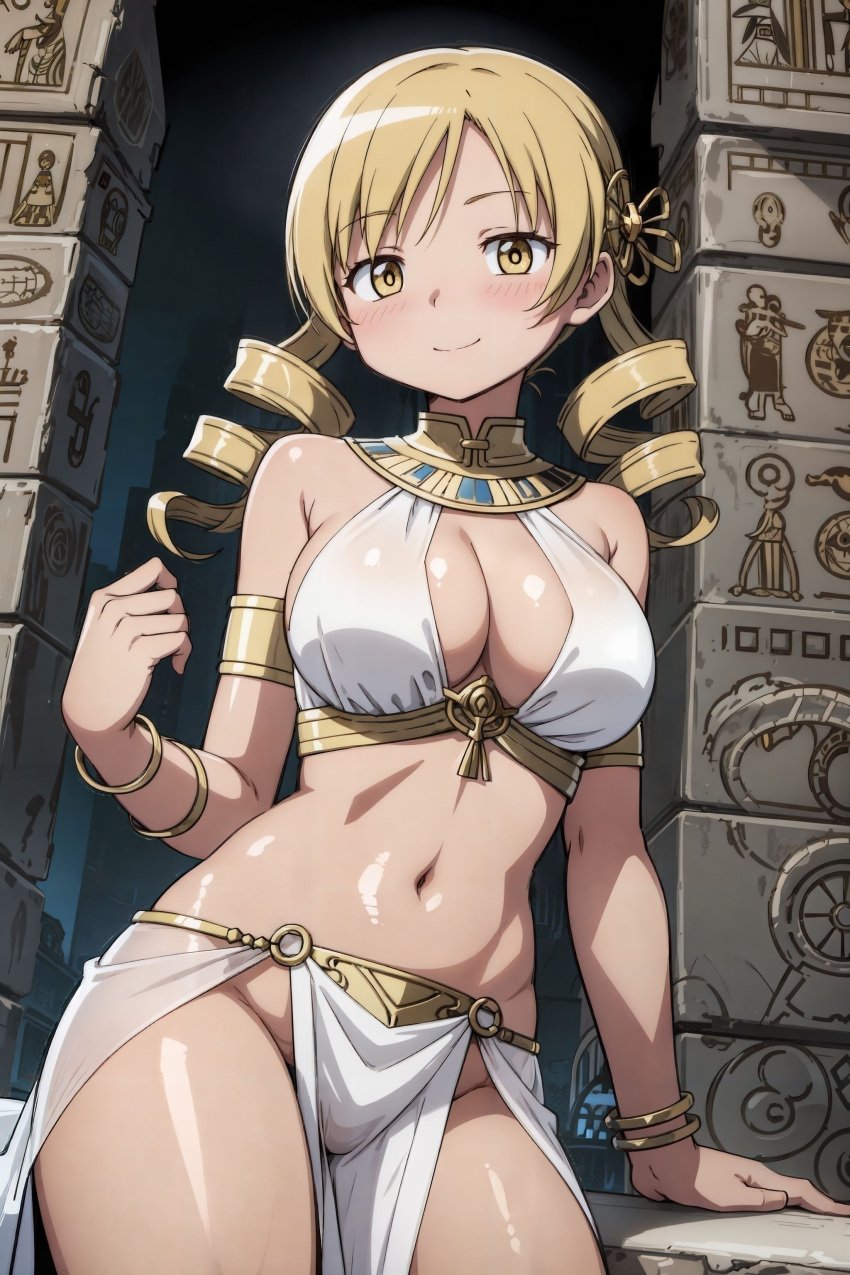 ai_generated belly_button big_breasts breasts drill_hair egyptian egyptian_clothes egyptian_female female female_focus female_only goodmorningmado highres looking_at_viewer magical_girl mahou_shoujo_madoka_magica no_panties puella_magi_madoka_magica solo solo_female solo_focus tan tan_body tan_skin tomoe_mami twin_drills twintails yellow_eyes yellow_hair