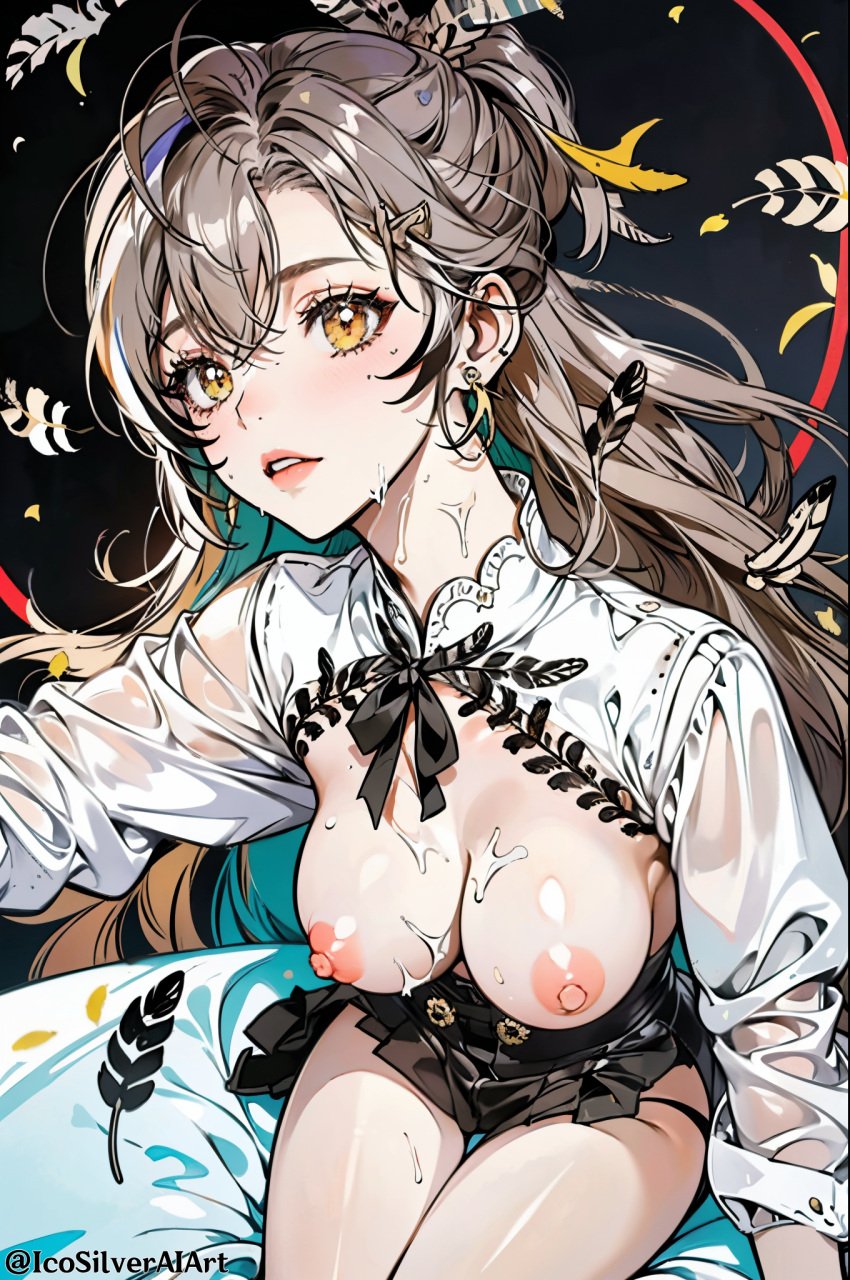 ai_generated blush breasts_out cum_on_breasts cum_on_face hololive hololive_english icosilveraiart lips lipstick nanashi_mumei ponytail virtual_youtuber wet wet_clothes