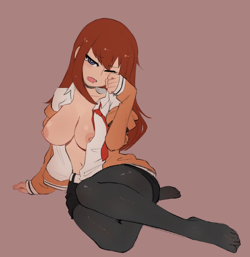 bard-bot belt blue_eyes blush breasts female highres makise_kurisu nipples on_floor one_eye_closed open_mouth red_hair simple_background solo spicy_bardo steins;gate teeth white_belt