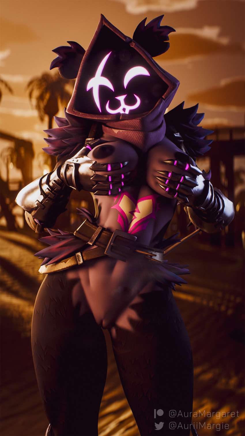 3d 3d_(artwork) 9:16 absurd_res anthro areola armor auramargaret beach bear blender_(software) blender_cycles breast_play breasts clothing digital_media_(artwork) epic_games feathers female fondling fortnite fur gauntlets genitals gloves handwear hi_res hoodie looking_at_viewer mammal palm_tree plant purple_body purple_fur pussy raven_team_leader seaside solo standing sunset topwear tree watermark