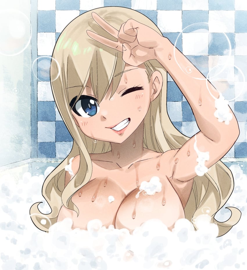 1girls bathtub big_breasts blonde_hair edens_zero gaston18 looking_at_viewer one_eye_closed rebecca_bluegarden soap soap_bubbles soapy solo upper_body wet