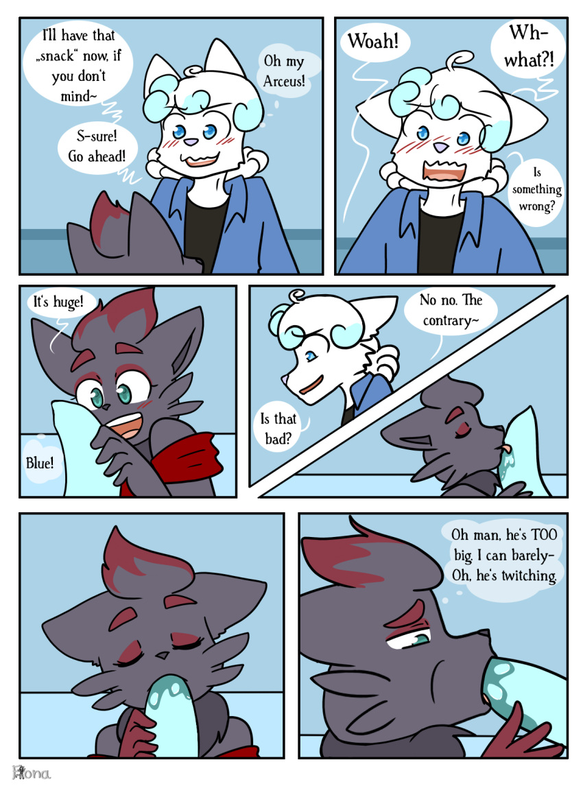 alolan_form alolan_vulpix anthro black_body black_fur black_nose blue_eyes blue_penis blush bodily_fluids clothed clothing comic dialogue duo english_text fellatio female fiona_(artist) fubuki_(rushthewolf) fur furry generation_5_pokemon genitals hair hi_res licking lita_(rushthewolf) male male/female nintendo oral penile penis penis_lick pink_nose pokemon pokemon_(species) regional_form_(pokémon) saliva saliva_on_penis sex text tongue tongue_out vulpix white_body white_fur zorua