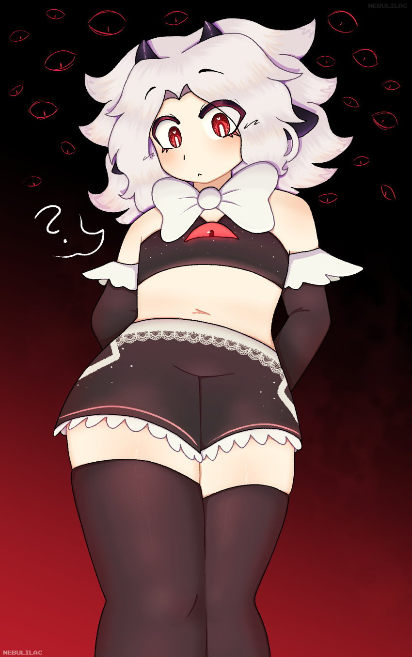 1cuntboy 2023 ? bare_shoulders bow_tie cuntboy femboy girly horn hourglass_figure human human_only humanized intersex lamb_(nebulilac) midriff midriff_baring_shirt navel nebulilac original red_eyes shorts thighhighs white_hair