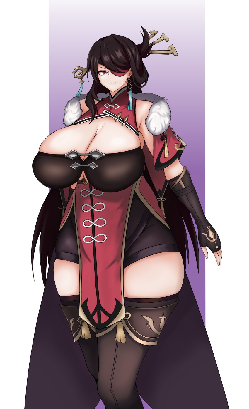 1girls beidou_(genshin_impact) big_breasts breasts brown_hair eyewear female female_only genshin_impact hair hair_ornament high_resolution highres huge_breasts large_breasts legwear long_hair mature mature_female mature_woman one_eye_obstructed pelvic_curtain pirate red_eyes rutak smile solo solo_female thick_thighs thighs