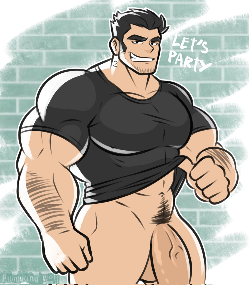 balls bara big_penis black_hair facial_hair flaccid lucas_lee male male_only muscles muscular pantsless penis pumpking_wolf scott_pilgrim shirt shirt_lift solo solo_male