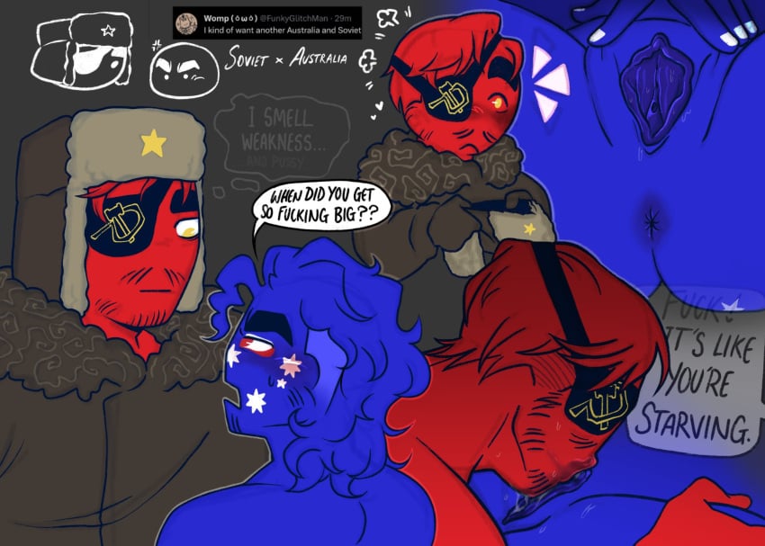 1cuntboy 2boys australia_(countryhumans) countryhumans cunnilingus cuntboy cuntboy/male intersex kingofkinks soviet_union_(countryhumans) spread_pussy