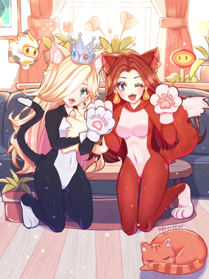 2d 2d_(artwork) 2girls :3 absurd_res animal_ears belly_button_visible_through_clothing big_breasts blonde_hair blue_eyes bodysuit brown_hair button_nose cat_ears cat_girl cat_mouth cat_pauline cat_paws cat_rosalina cat_tail catgirl child_bearing_hips crown cute earrings eyelashes feline females_only fire_flower fluffy_tail fully_clothed hair_over_one_eye highres indoors looking_at_viewer luma mario_(series) nakateru nintendo onesie pauline pauline_(mario) paws princess_rosalina sleeping super_bell super_mario_3d_world teardrop_earrings thin_female thin_tail thin_waist tight_clothing winking winking_at_viewer