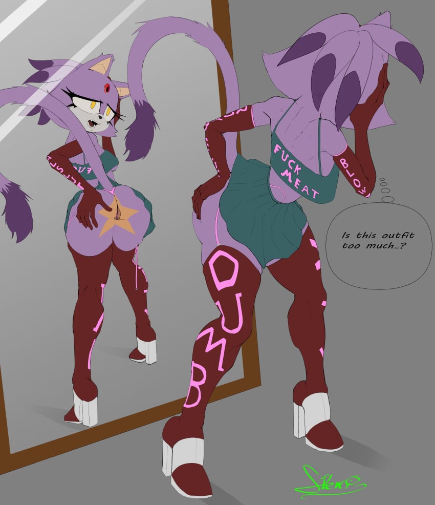 ass blaze_the_cat elbow_gloves furry gloves high_heel_boots high_heels makeup mirror no_panties silencioarthub skirt slutwear_(silencioarthub) sonic_(series) thigh_boots wedge_heels yiff