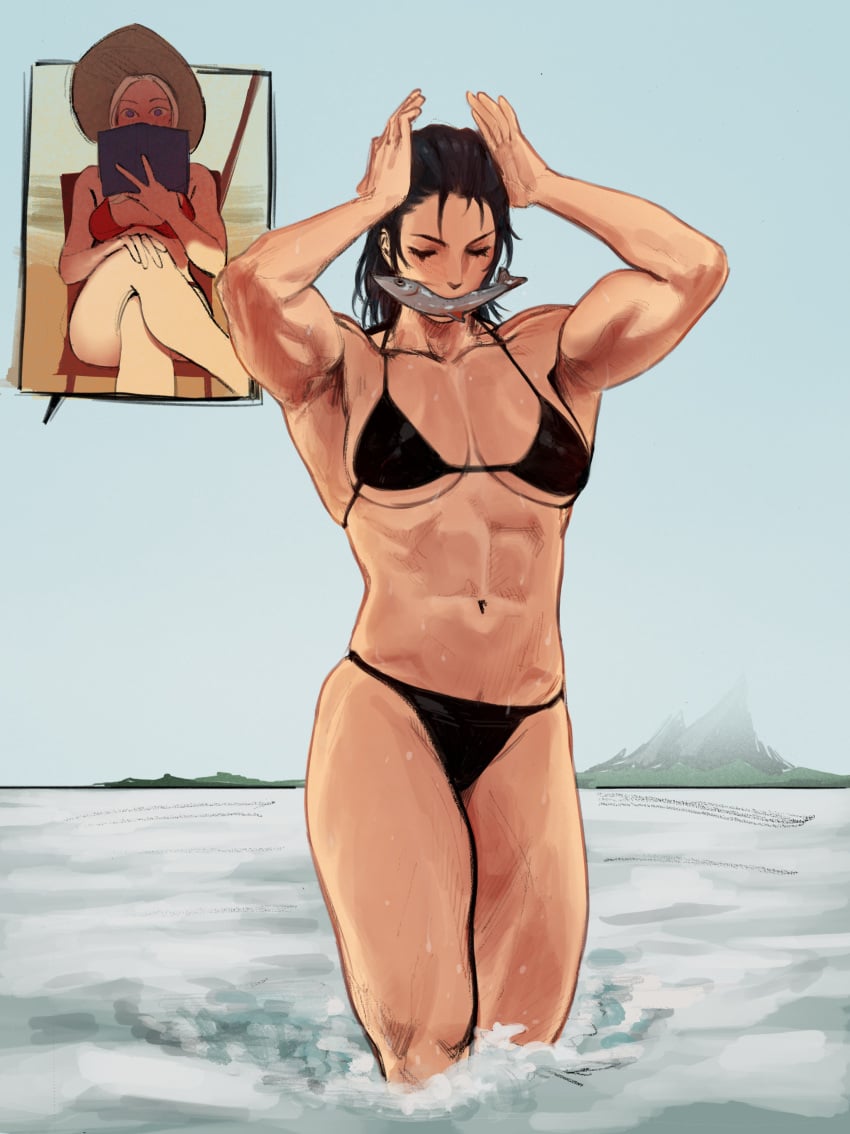 2girls abs alternate_costume beach bikini black_bikini black_swimsuit blush byleth_(fire_emblem) byleth_(fire_emblem)_(female) closed_eyes edelgard_von_hresvelg female female_only fire_emblem fire_emblem:_three_houses fish fish_in_mouth hair_down hat multiple_girls muscular muscular_female nintendo ocean outdoors red_bikini red_swimsuit scubaby swimsuit thick_thighs yuri