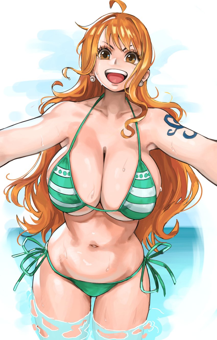 big_breasts bikini female female_only hourglass_figure jerrydurd long_hair nami one_piece orange_hair post-timeskip safe_for_work striped_bikini underboob wide_hips