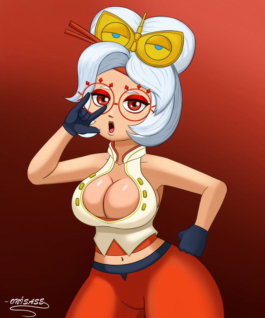 1girls big_breasts bottomwear breasts cleavage eyeshadow eyewear female female_only hair hair_ornament hips huge_breasts lips nintendo onisase pants purah purah_(tears_of_the_kingdom) red_eyes red_eyeshadow red_pants solo solo_female tears_of_the_kingdom the_legend_of_zelda topwear white_hair