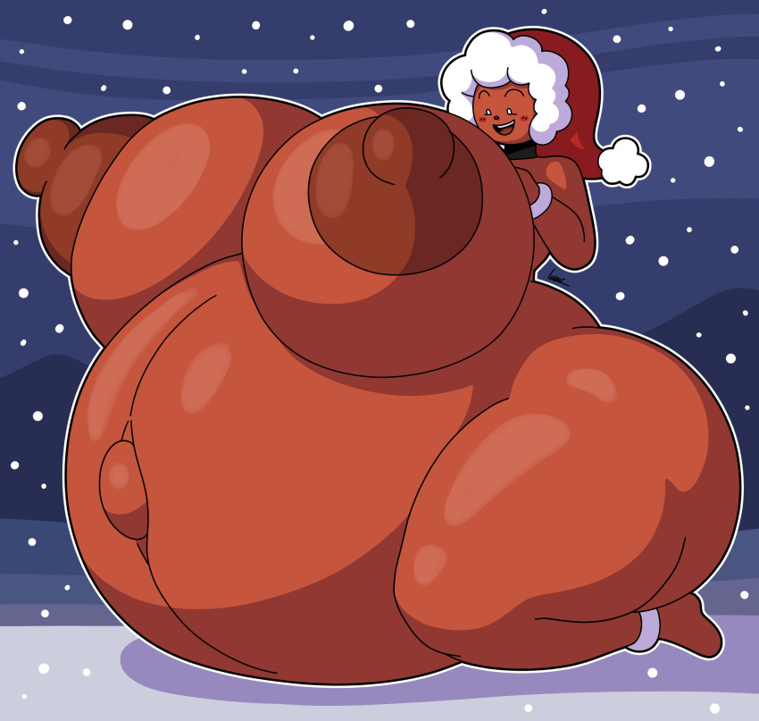 anthro belly_bulge big_ass big_belly big_breasts big_female big_nipples blush bracelet bracelets collar dorahden erect_nipples female female_only gigardrawz ginger_(dorahden) gingerbread_cookie glistening hyper hyper_belly hyper_breasts hyper_female massive_breasts monologue pregnant red_socks santa_hat shaded snow wide_hips