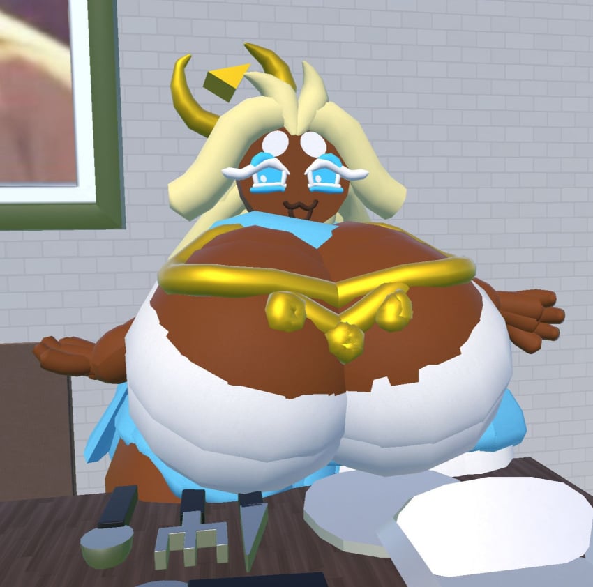 3d 3d_(artwork) :3 big_ass big_breasts black_body blue_pants breasts bubble_ass bubble_butt cookie_run cookie_run_kingdom female female_only gold_jewelry huge_breasts mozzarella_cookie rec_room thick_ass thick_thighs weirdmaker43 white_background white_hair white_shirt