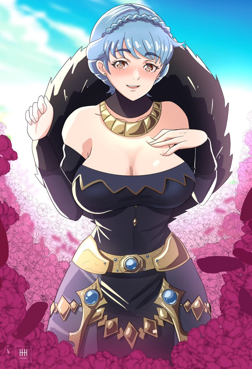 1girls alternate_costume bare_shoulders black_dress blue_hair blue_sky braid breasts brown_eyes choker cleavage commentary cowboy_shot crown_braid day dress female female_only fire_emblem fire_emblem:_three_houses highres ihsnet jewelry long_sleeves marianne_von_edmund medium_breasts necklace nintendo off-shoulder_dress off_shoulder outdoors short_hair sky solo standing