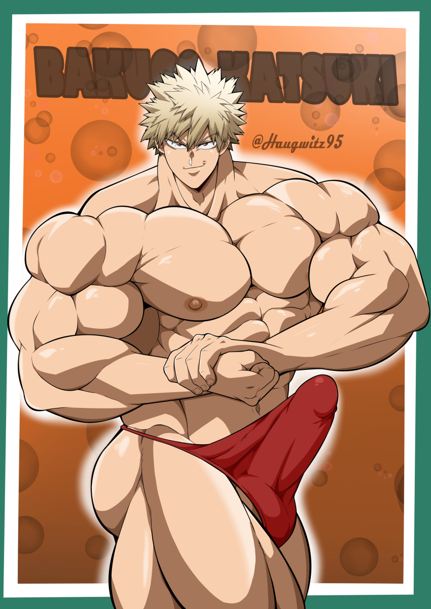 1boy blonde_hair bodybuilder boku_no_hero_academia bulge_through_clothing erect_penis erection erection_under_clothes flexing flexing_bicep haugwitz95 katsuki_bakugou looking_at_viewer male male_only muscular muscular_arms muscular_legs muscular_male muscular_thighs my_hero_academia nipples pecs penis penis_under_clothes speedo tagme topless_male